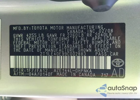 2009 Toyota Matrix S z USA, uszkodzony, nr VIN 2T1LE40E99C002883